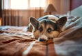 Tired sleepy puppy, Welsh Corgi dog, cute pet lying on bed at home.