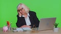 Tired sleepy overworked senior business woman falling asleep sit at office desk with laptop Royalty Free Stock Photo