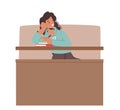 Tired And Sleepy Student Girl On Bored Lecture In College Or University Hall. Young Woman Sitting at Desk in Class