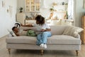 Tired small African American boy child fell asleep in VR glasses at home Royalty Free Stock Photo