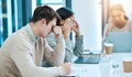 Tired, stress and business people in a meeting with a headache, problem and team depression. Sad, anxiety and corporate Royalty Free Stock Photo