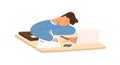 Tired student guy sleeping on table in front of laptop during prepare to exam vector flat illustration. Exhausted pupil