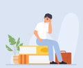 Tired student sitting on book pile. Exams, work and study. Hard life rhythm, cartoon boy frustrated. Modern lifestyle Royalty Free Stock Photo