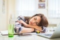 Tired student sleeping on desk near laptop and books Royalty Free Stock Photo