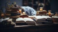 Tired Students - Students Studying and Falling asleep in Books, Tired Girl Read Book, Library. Generative AI Royalty Free Stock Photo