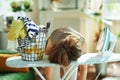 Woman with iron, clothes basket at modern home in sunny day Royalty Free Stock Photo