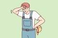 Tired sweaty man in construction uniform and safety helmet wiping forehead. Vector image