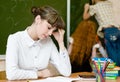 Tired teacher in classroom Royalty Free Stock Photo