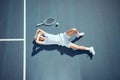 Tired tennis sports loser man on floor with racket, ball and court in summer sun from above. Relax and fitness player Royalty Free Stock Photo