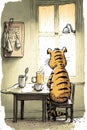 Tired Tiger is drinking coffee cartoon style painting