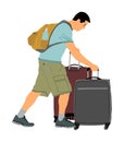 Tired tourist man traveler carrying his rolling suitcase vector illustration isolated on background. Boy with many bags. passenger Royalty Free Stock Photo