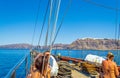 Tourists on boat after an exciting Santorini Caldera day trip Greece Royalty Free Stock Photo