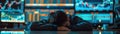 A tired trader resting over his desk in front of multiple computer screens displaying stock market data in a dimly lit room