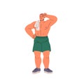 Tired with training strong man with towel on shoulder. Muscular bodybuilder with naked athletic torso, sturdy body, abs