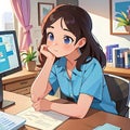 Tired woman working in office with computer, cute simple anime style illustration