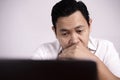 Tired Upset Man Working on Laptop , Bad Negative Emotion Royalty Free Stock Photo