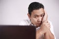 Tired Upset Man Working on Laptop , Bad Negative Emotion Royalty Free Stock Photo