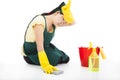 Tired woman cleaning the floor Royalty Free Stock Photo