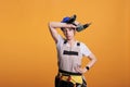 Tired woman construction worker holding cordless drill Royalty Free Stock Photo