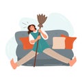 Tired woman on the couch with a broom. Vector flat design of an exhausted girl. The female character is resting in the