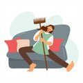 Tired woman on the couch with a mop. Vector flat design of exhausted girl. The female character is resting in the living