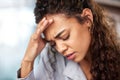 Tired, woman and headache in office for business work, stress and tension of burnout or mental health. Female employee Royalty Free Stock Photo