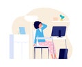 Tired woman. Home office, freelance working with computer. Girl has headache, burnout or deadline time vector concept Royalty Free Stock Photo