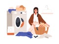 Tired woman with laundry. Exhausted upset female during household work. Sad overwhelmed housewife loading washing