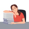 Tired Woman Leaning on Stack of Books Royalty Free Stock Photo