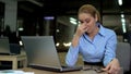 Tired woman massaging eyes, suffering bad eyesight because of overwork, health Royalty Free Stock Photo