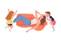 Tired Woman Mom Lying on Sofa Exhausted with Noisy and Energetic Kids Playing Around Vector Illustration