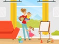 Tired Woman Mother with Naughty Children Jumping and Playing Around Vector Illustration Royalty Free Stock Photo