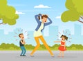 Tired Woman Mother Shouting Because of Crying Capricious Children Vector Illustration