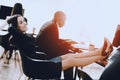 Tired Woman Rest after Work in Modern Call Center. Manager with Computer. Resting on Workplace. Customer Service Concept. Woman in Royalty Free Stock Photo