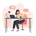 Tired woman sits at a laptop at work, stress or burnout