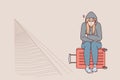 Tired woman sits on suitcase near railway waiting for train and freezes at station. Vector image