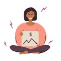 A tired woman sitting in a lotus position with a sign in her hands, lost money . A tired woman is in a state of stress