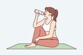 Tired woman sitting on yoga mat and drinking water in time for break between exercises. Vector image