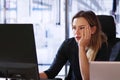 Tired woman sleeping in office, bored employee Royalty Free Stock Photo