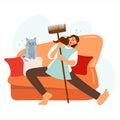 Tired woman on the sofa with a mop and a cat. Vector flat design of exhausted girl. The female character is resting in