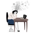 Tired woman at the workplace with a bunch of confusing thoughts and tasks in his head. Office worker sits at the table Royalty Free Stock Photo