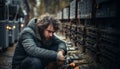 Tired and worried unshaven man dressed with winter clothes crouching outside in front of a board