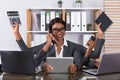 Tired Woman Doing Multitasking Work On Laptop Royalty Free Stock Photo