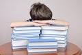 Tired young boy and books Royalty Free Stock Photo