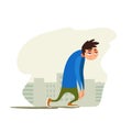 Tired young man against background of the city. Joyless guy plod on gray street. Vector illustration with weary character. Royalty Free Stock Photo