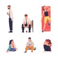 Tired Young Man and Woman Vector Illustration Set Royalty Free Stock Photo