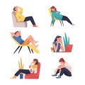 Tired Young Man and Woman Vector Illustration Set