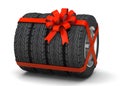 Tires as a gift. Tires with disks are tied with a red gift ribbon. isolated on white background. 3d render