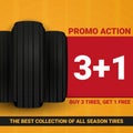 Tires car advertisement poster. Black rubber tire on the background with wheel tire tracks.