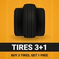 Tires car advertisement poster. Black rubber tire on the background with wheel tire tracks.